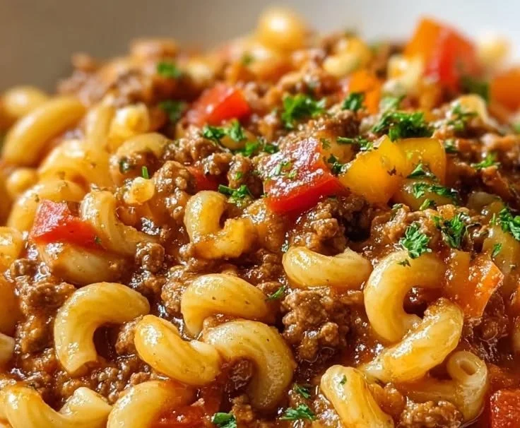 Delicious bowl of American Goulash topped with cheese and fresh herbs.