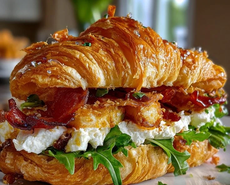 Apple and goat cheese croissant sandwich with fresh ingredients, perfectly baked.