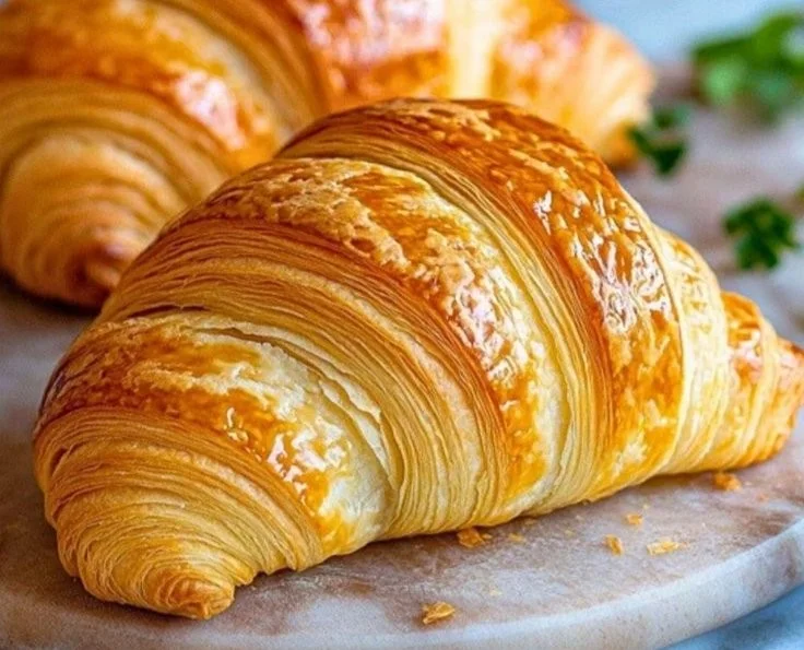 Freshly baked authentic croissants on a rustic wooden table