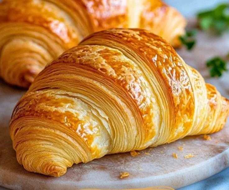Freshly baked authentic croissants with a golden flaky exterior