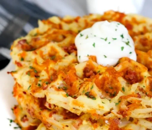 Delicious loaded hashbrown waffles topped with bacon and cheese