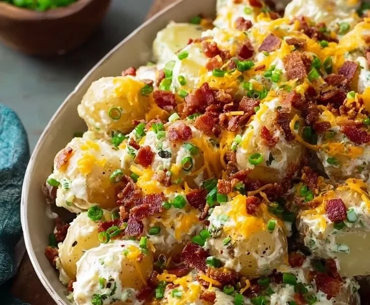 Bacon loaded potato salad served in a bowl with garnish