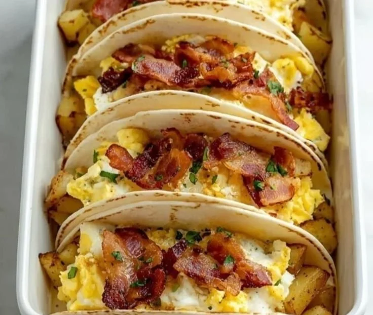 Baked breakfast tacos filled with eggs, cheese, and toppings on a plate.