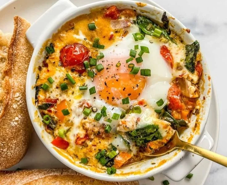 Baked feta eggs with tomatoes and spinach served on a plate.