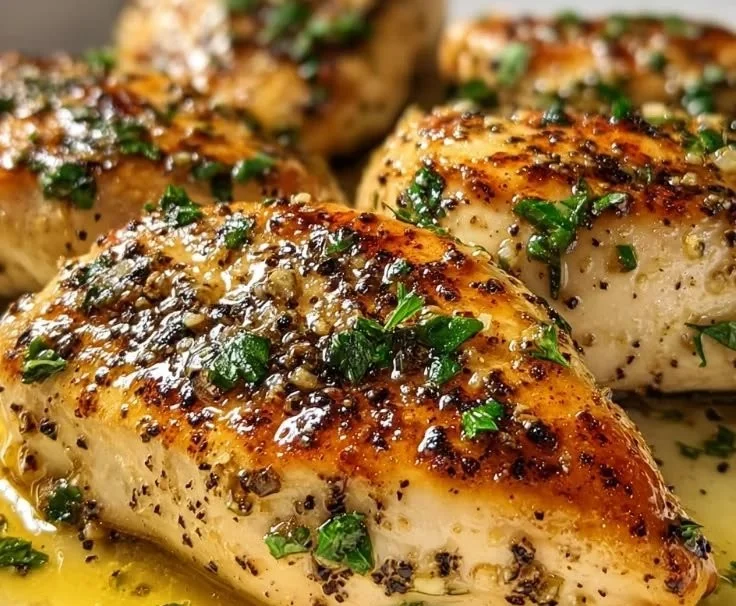 Baked Greek Yogurt Chicken dish garnished with herbs and served on a plate.