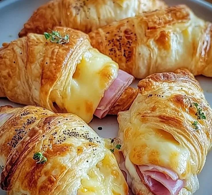 Delicious baked ham and cheese croissants fresh out of the oven