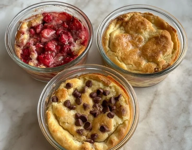 Baked protein pancake bowls topped with fruits and nuts