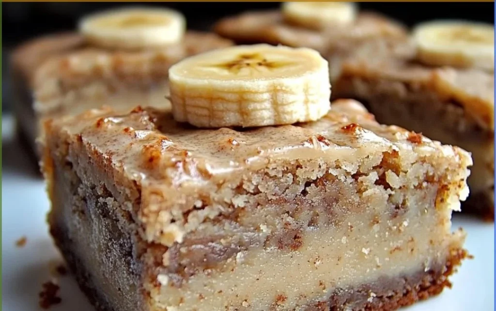 Delicious banana bread brownies topped with chocolate and nuts.