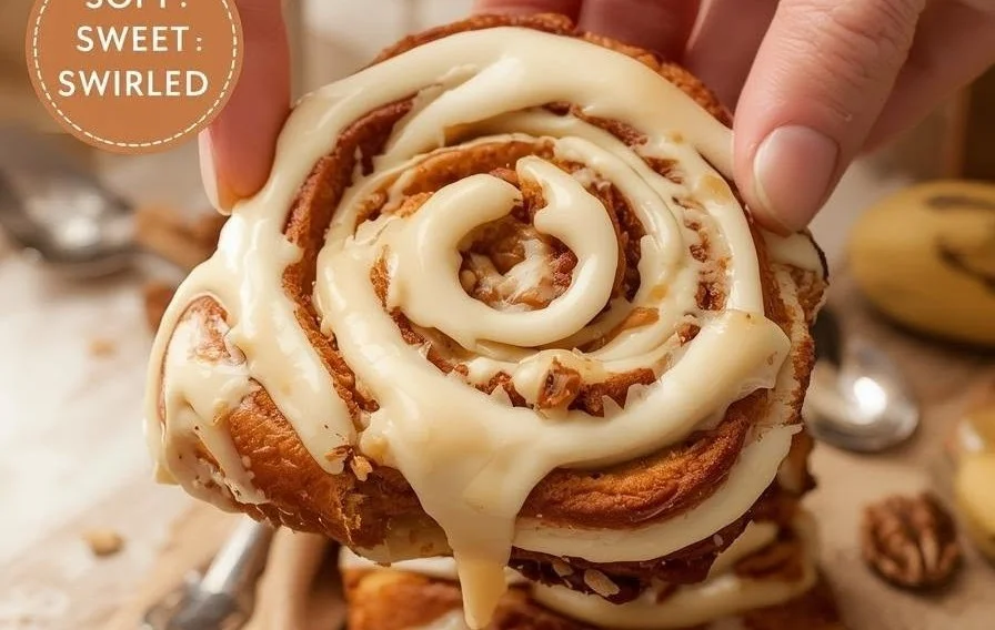Banana bread cinnamon rolls topped with creamy cream cheese frosting