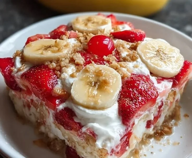 Delicious Banana Split Dump Cake with layers of banana, chocolate, and whipped cream