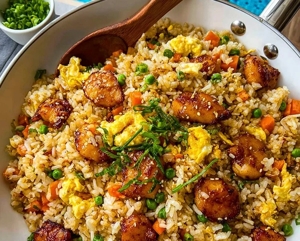 A vibrant bowl of Bang Bang Fried Rice topped with fresh herbs and spices.