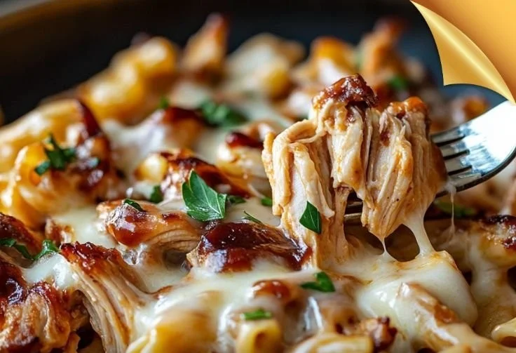 Delicious BBQ Chicken Mac and Cheese in a creamy cheese sauce topped with BBQ chicken.