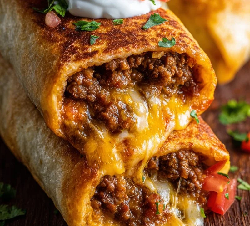 Delicious Beef and Cheese Chimichangas served with toppings