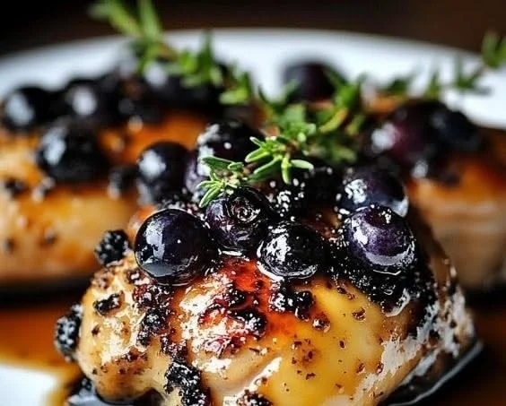 Delicious blueberry thyme chicken served on a plate garnished with herbs.