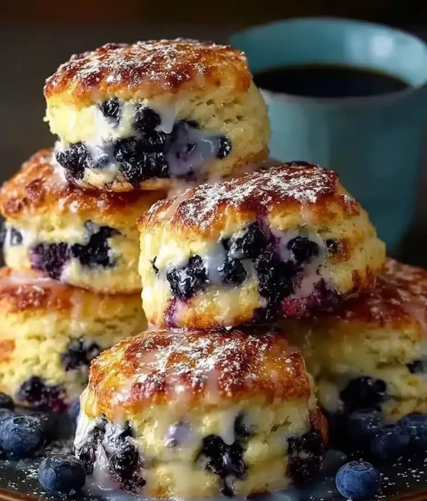 Freshly baked blueberry biscuits served on a wooden table