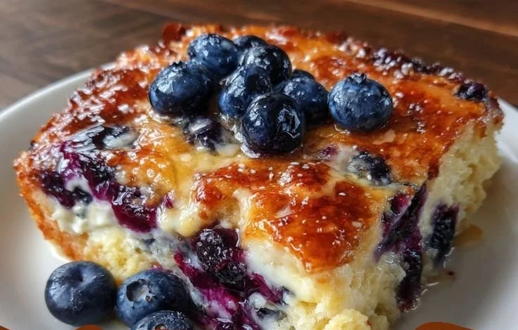 Blueberry buttermilk pancake casserole served in a baking dish