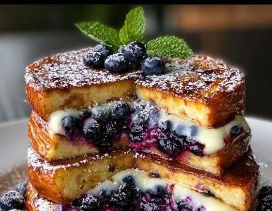 Delicious Blueberry Cheesecake Stuffed French Toast served with fresh blueberries.