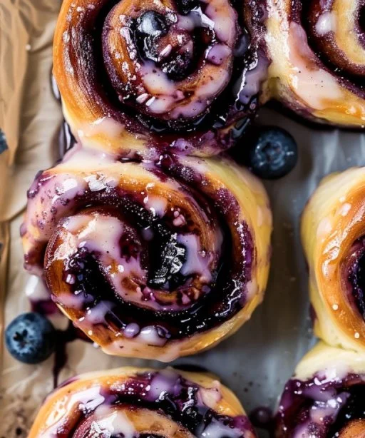 Delicious blueberry cinnamon rolls fresh out of the oven, topped with icing.