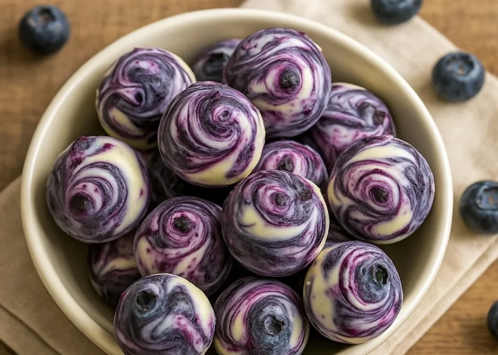 A close-up of Blueberry Greek Yogurt Bites on a plate, showcasing their vibrant color.