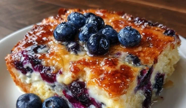 Delicious blueberry pancake casserole with buttermilk, topped with fresh blueberries.