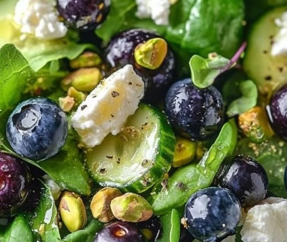 Blueberry pistachio spring salad with mixed greens and vibrant colors
