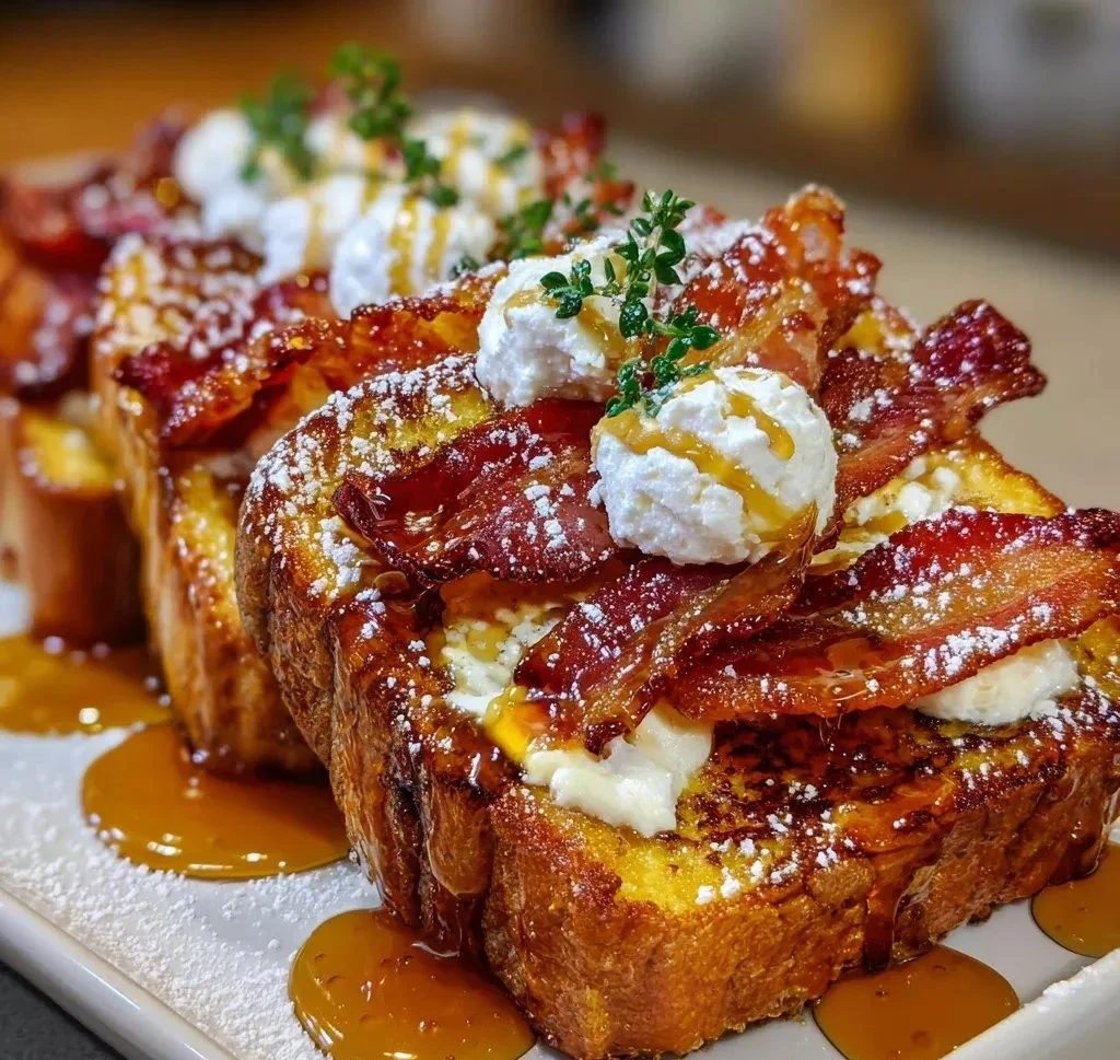 Delicious Bourbon Maple Bacon French Toast topped with crispy bacon and maple syrup.