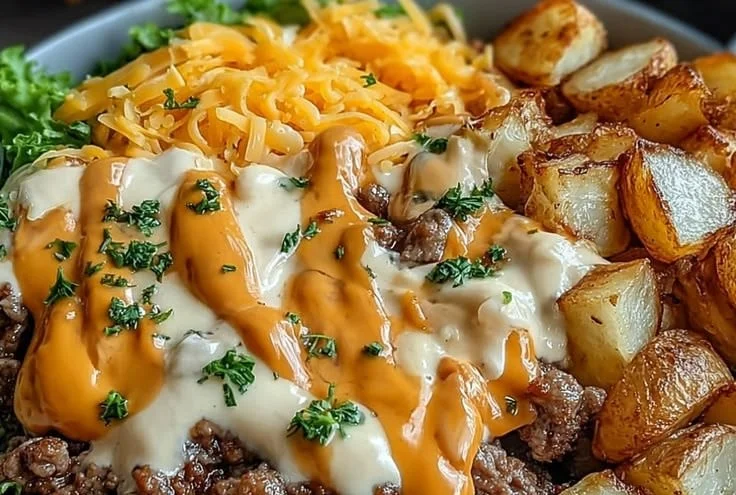 Bowl-style smash burger topped with fresh ingredients and served in a bowl