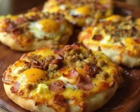 Delicious breakfast pizza topped with eggs, cheese, and vegetables