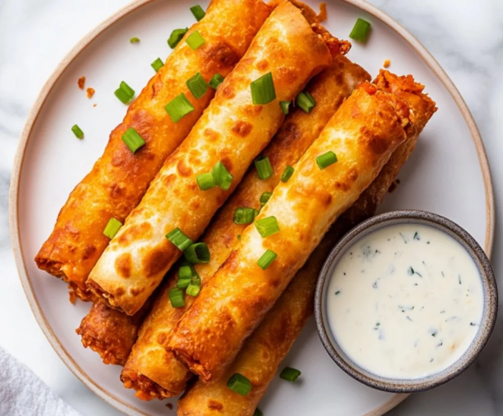 Crispy Buffalo Chicken Taquitos served on a plate.