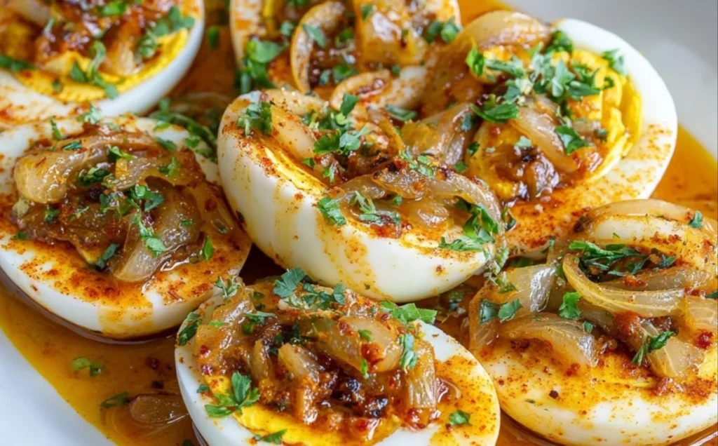 Plate of Cajun boiled eggs topped with spicy garlic butter sauce