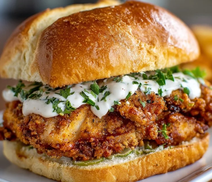 Cajun crispy chicken sandwich topped with garlic aioli and fresh ingredients