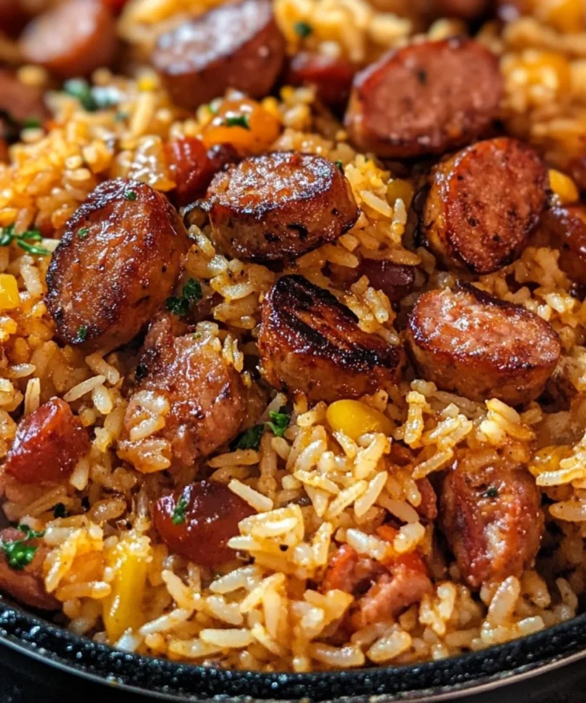 Cajun Sausage and Rice Skillet prepared in a frying pan with vibrant ingredients