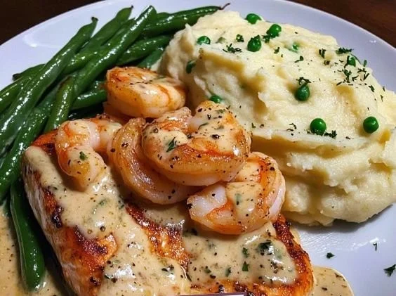 Cajun shrimp and salmon served with garlic cream sauce on a plate