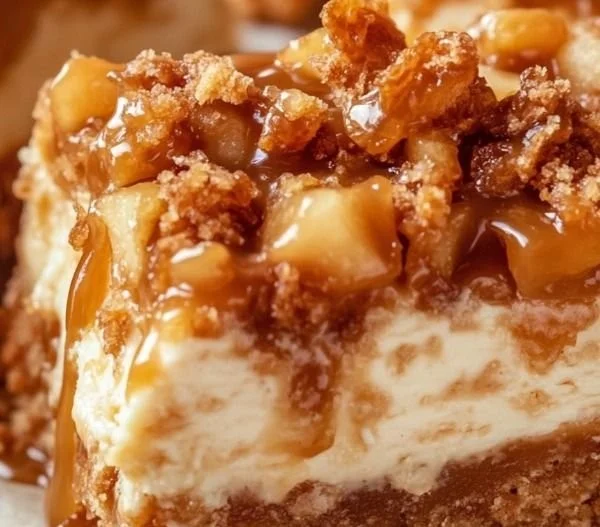 Slice of Caramel Apple Cheesecake Bars topped with caramel drizzle and apple slices.