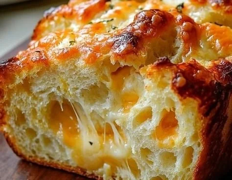 Delicious cheesy bread fresh out of the oven, golden and gooey.
