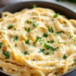Plate of Cheesy Garlic Parmesan Spaghetti topped with parsley and cheese