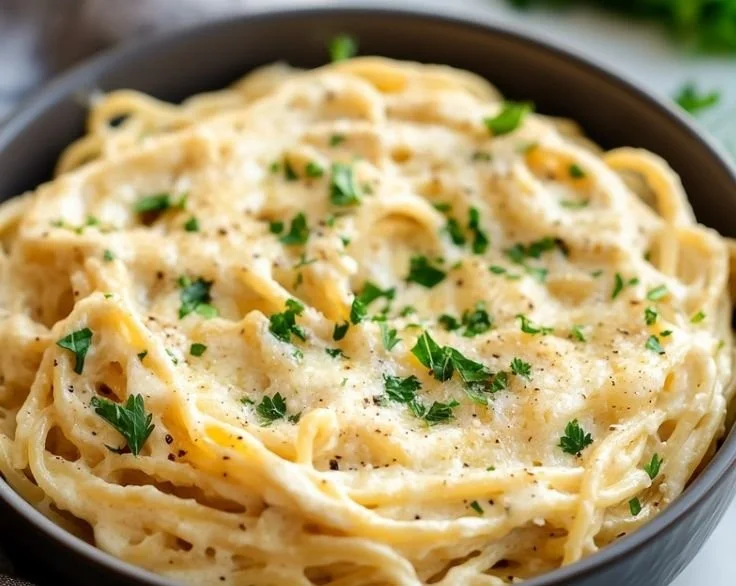 Plate of Cheesy Garlic Parmesan Spaghetti topped with parsley and cheese