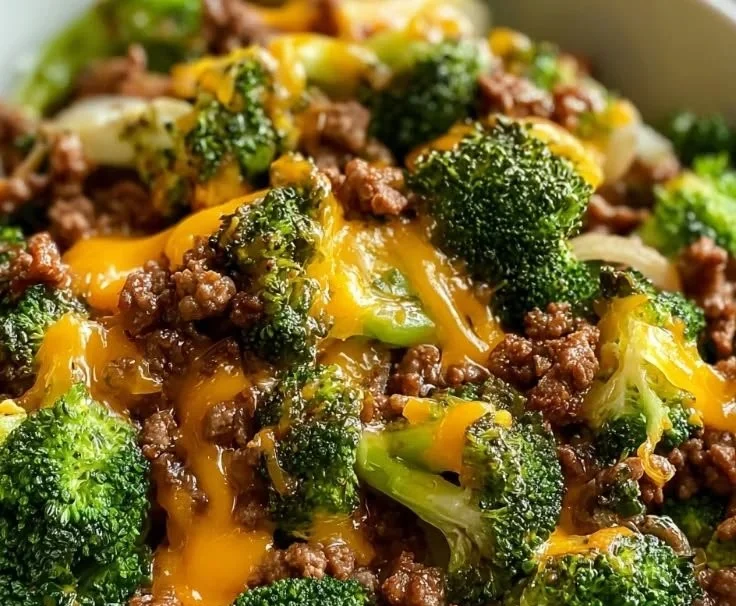 Cheesy ground beef served with broccoli in a delicious casserole dish