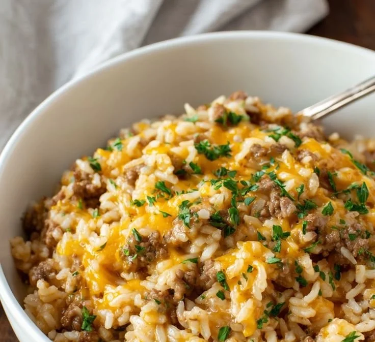 Cheesy ground beef and rice casserole dish garnished with herbs