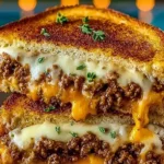 Delicious cheesy ground beef melt on a plate, ready to serve.