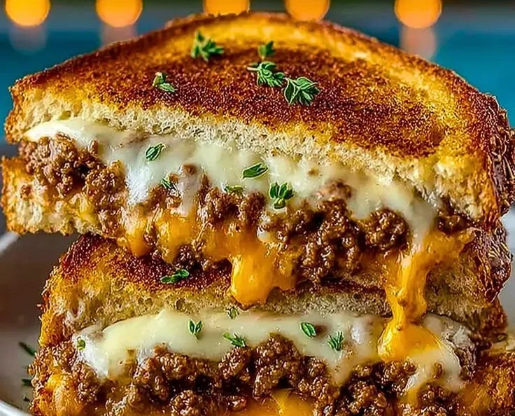 Delicious cheesy ground beef melt on a plate, ready to serve.
