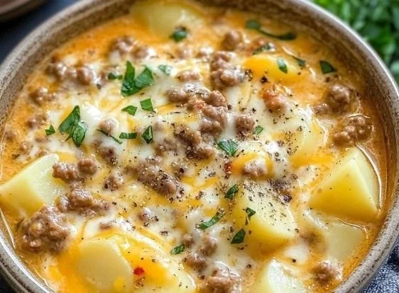 Delicious cheesy hamburger potato soup served in a bowl