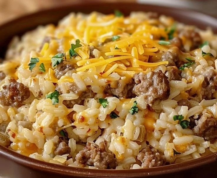 Cheesy hamburger rice casserole served in a baking dish, ready to eat.