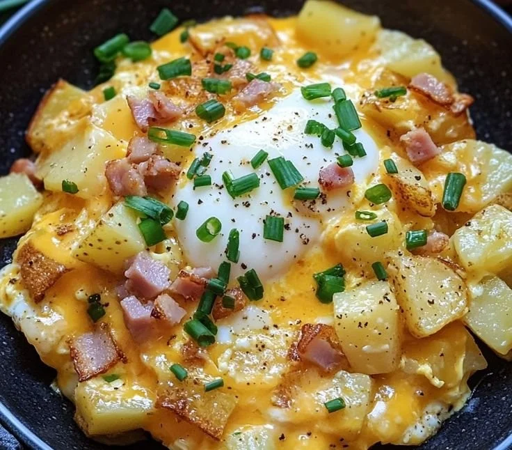 Cheesy potato and egg scramble served on a plate, garnished with herbs.