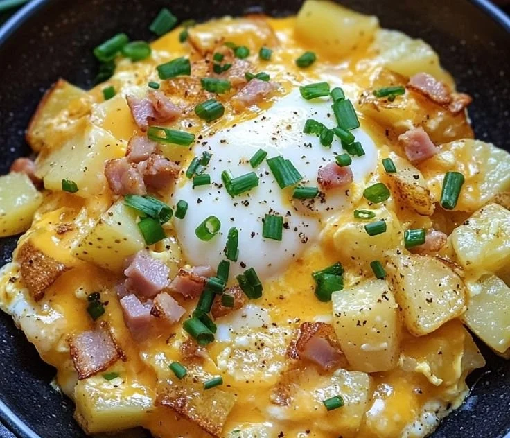 Cheesy potato and egg scramble served in a skillet
