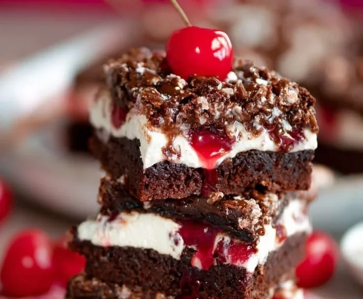 Delicious Cherry Brownie Dream Bars with a rich chocolate and cherry topping