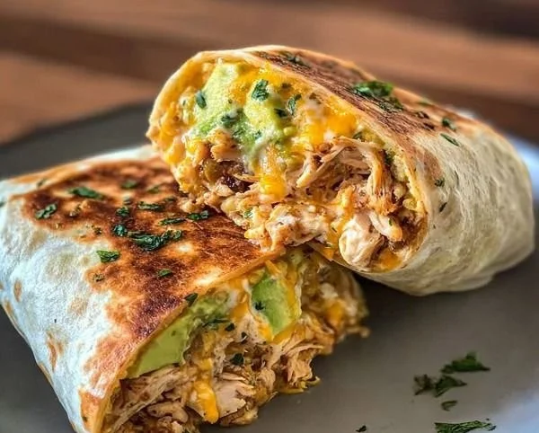 Delicious Chicken Avocado Ranch Burritos on a plate with ingredients spread around.