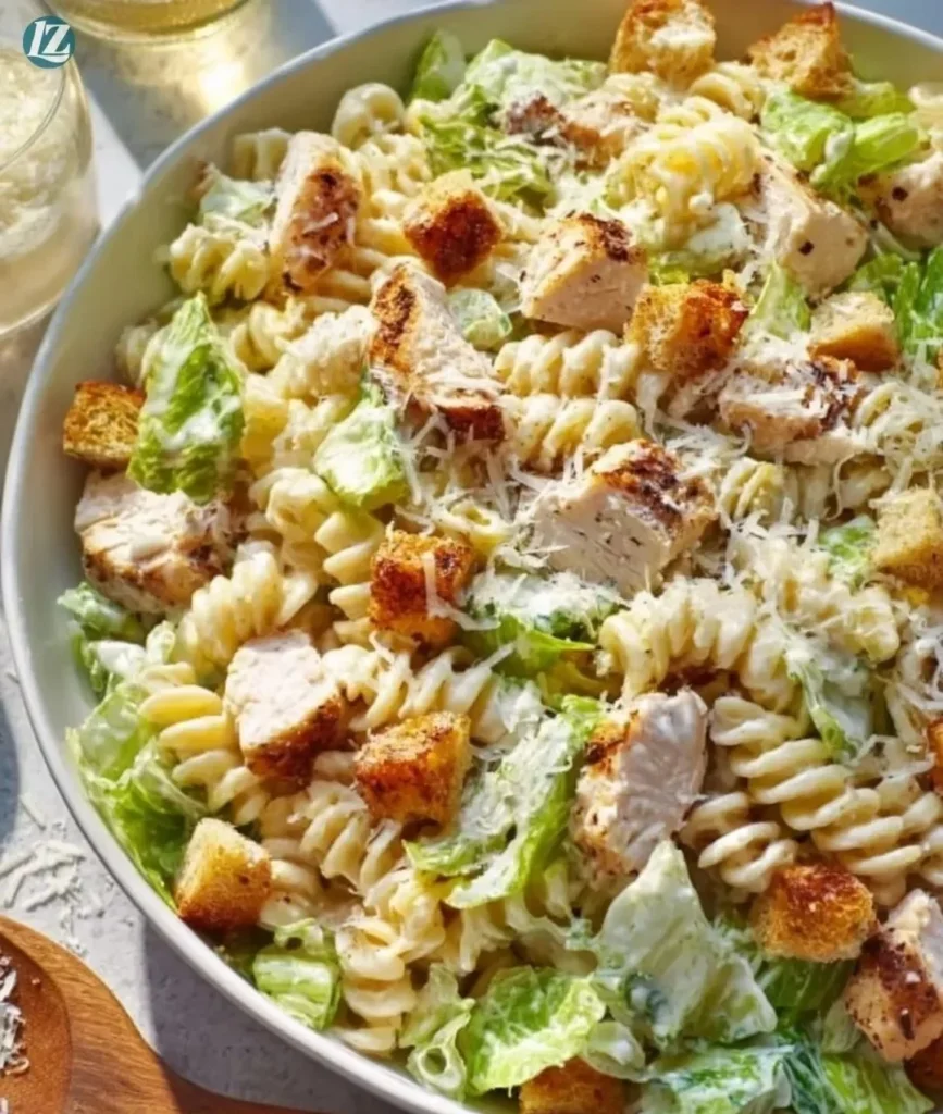 Delicious Chicken Caesar Pasta Salad with chicken, romaine, and dressing