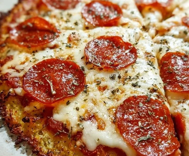Delicious Chicken Crust Pizza with Pepperoni topped with cheese and spices.