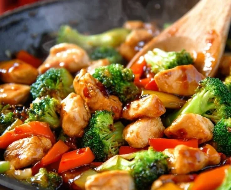 Colorful chicken stir fry with vegetables in a skillet